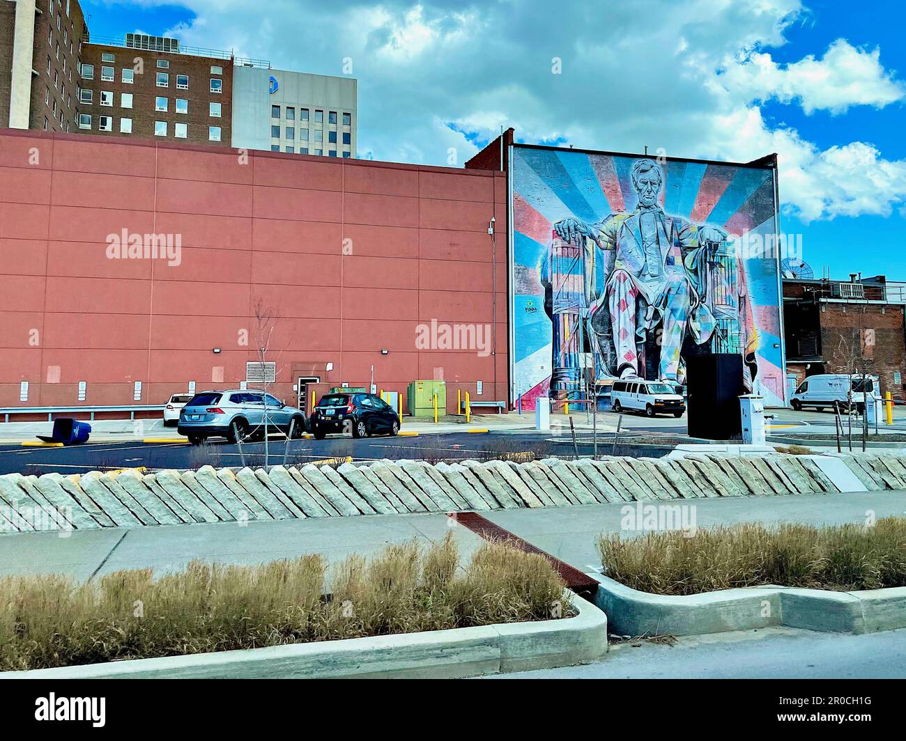 A large painting honoring Abraham Lincoln adorns the entire side of a building in downtown Lexington, Kentucky, seen here on a sunny afternoon. Stock Photo