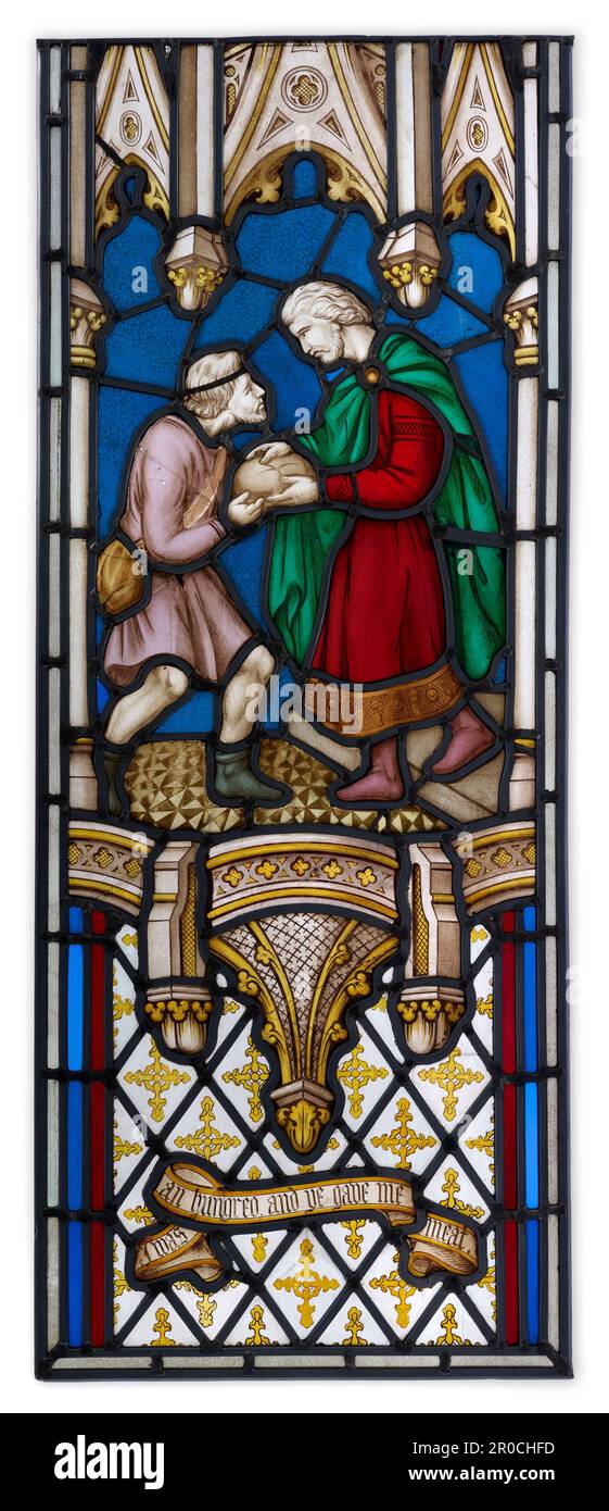 I Was an Hungered and Ye Gave Me Meat, 1850-55. Bottom section of stained glass window in two parts. From the chapel of Union Workhouse, Summerfield Hospital, Dudley Road, Birmingham.. Manufacturer: Chance Brothers & Co. . Stock Photo