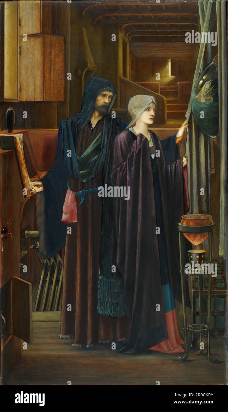 The Wizard, 1898. Two figures in a narrow, darkened chamber. A bearded man in a heavy robes, reveals a convex mirror to a young, veiled girl, behind a drape.. Artist: Edward Burne-Jones.. Oil on canvas Stock Photo