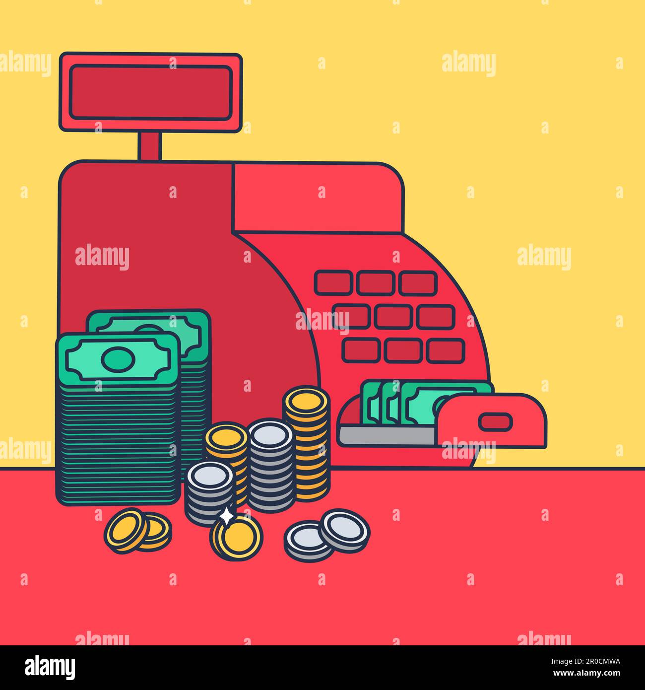 Cash register with money and coins. Commerce concept. Store symbol ...