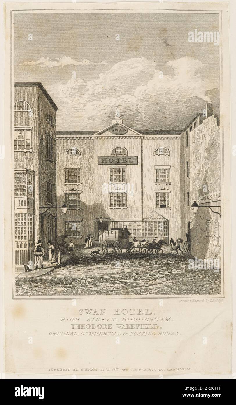 Engraving. Swan Hotel, High Street, Birmingham, 25/07/1829. Engraver