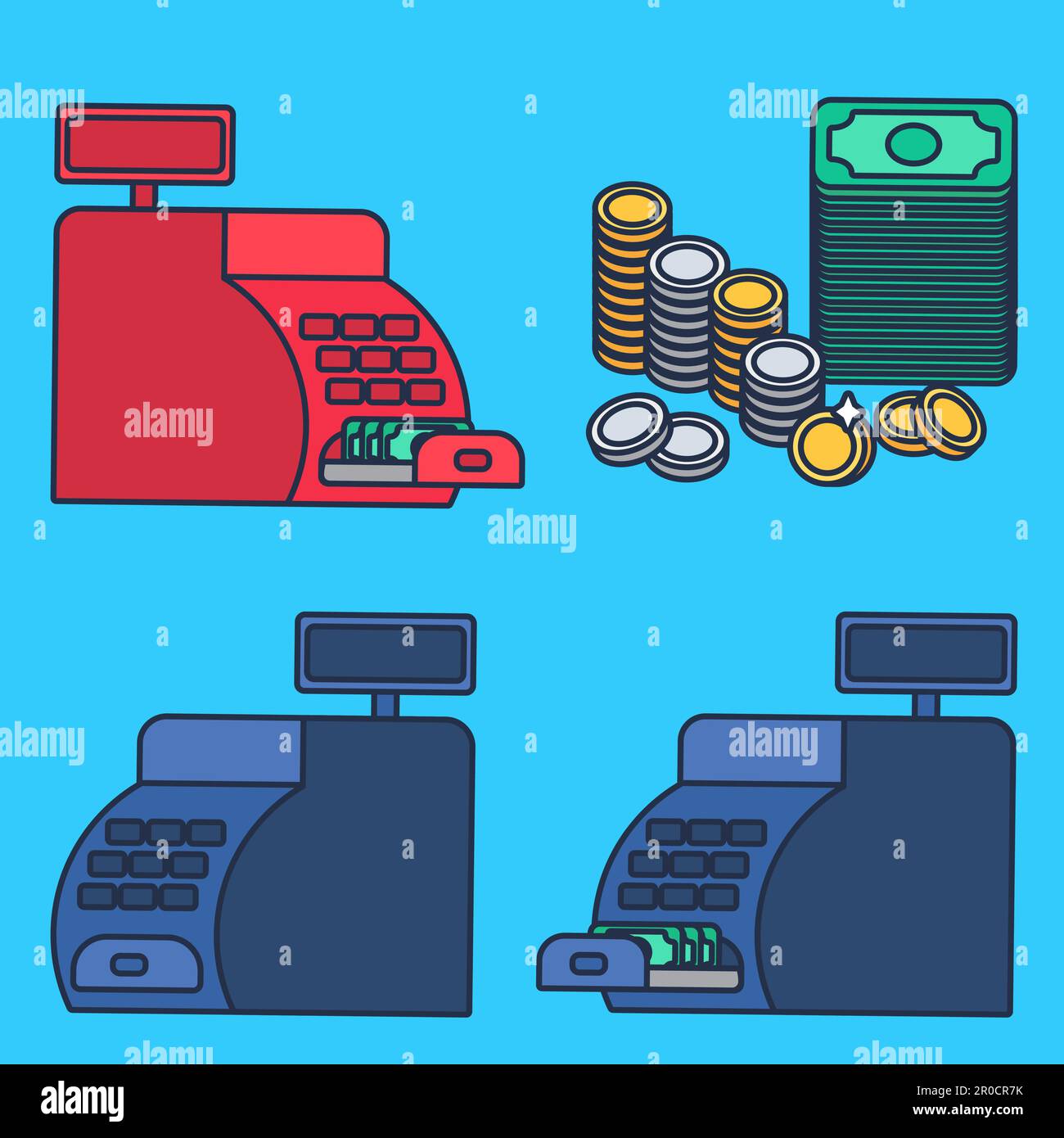 Cash register witn money and coins. Commerce concept. Store symbol. Vector Stock Vector