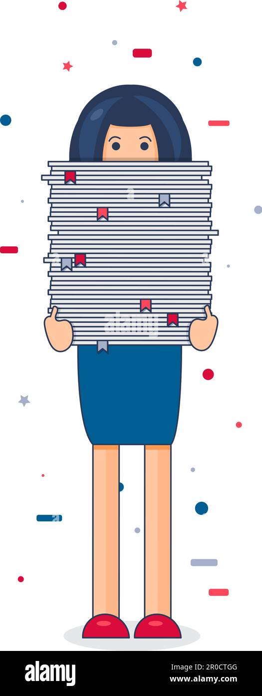 Office worker with big stack of paper. She has a lot of work. All hands ...