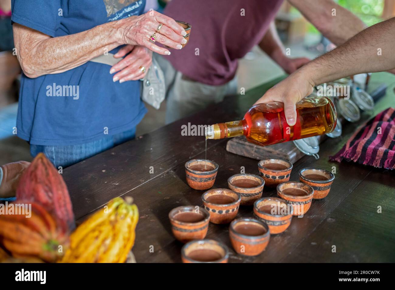 La Virgen, Costa Rica - Visitors to the Tirimbina research station learn about the cacao plant and how chocolate is made from cacao beans. Stock Photo