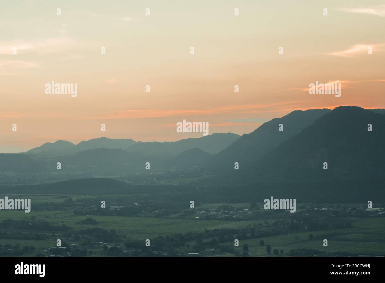 The landscape of green rice fields with the evening light of the sun contrasting with the sky. Stock Photo