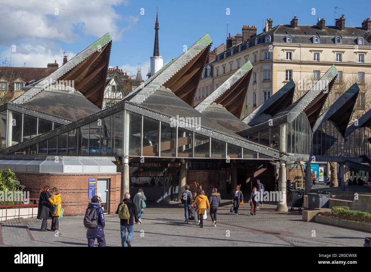 Rouen, France: the covered market, Place du Vieux Marché, by Louis Arretche is an architectural extension of the Joan of Arc church just next to it. Stock Photo