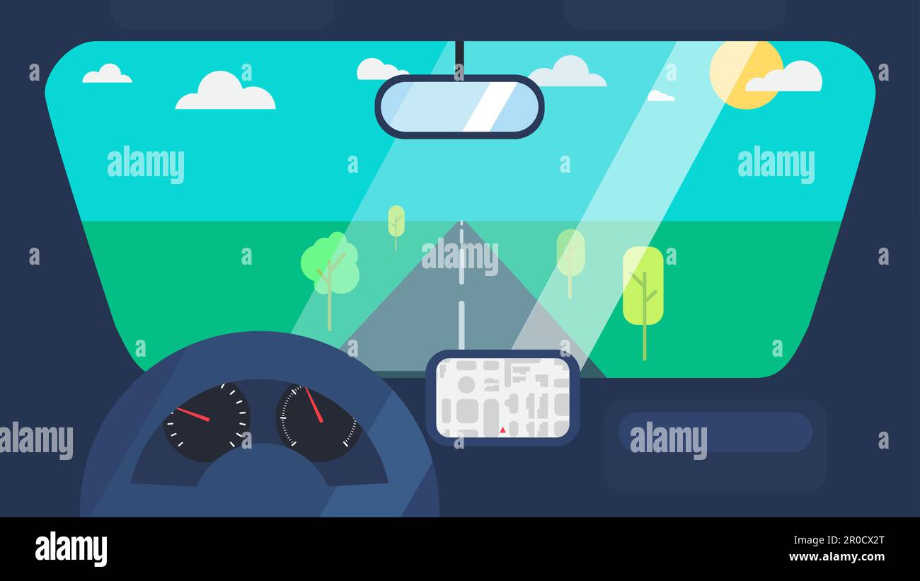 Inside car interior with wheel, speedometer, gps navigator. Vehicle