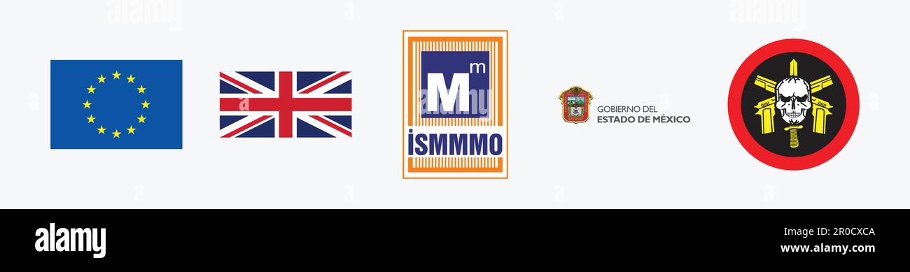 Union Europea / EU Flag Logo, Gobierno del Estado de México Logo, ISMMMO Logo, Union Jack Logo, BOPE Logo. Government vector logo illustration. Stock Vector