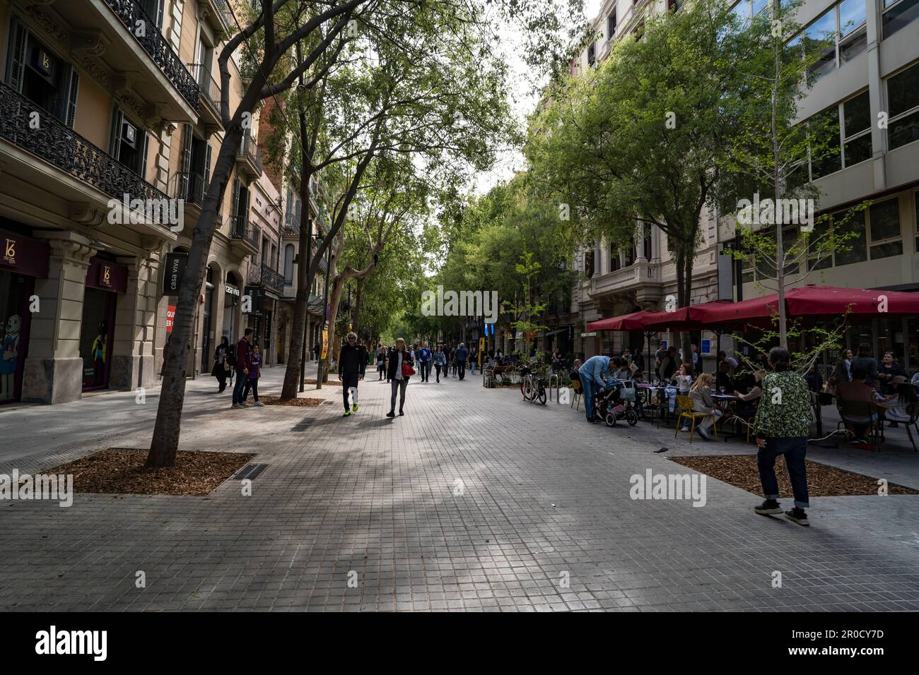 Newly pestestrianised Carrer del Consell de Cent, Barcelona, part of the  eixos verds - Superilla de l'Eixample, April 2023. This is part of an onoing Stock Photo