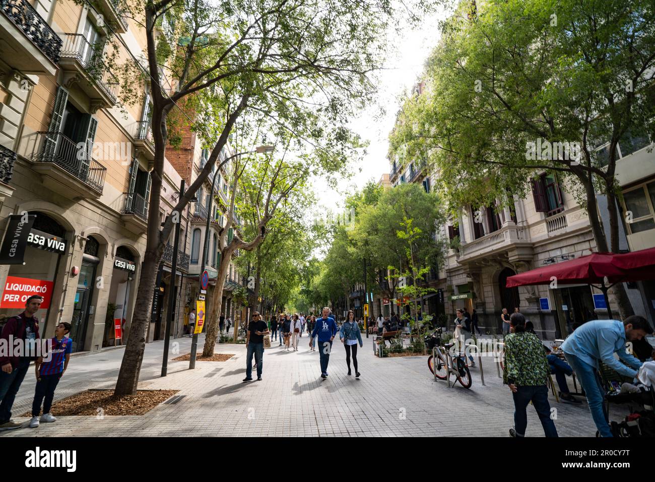 Newly pestestrianised Carrer del Consell de Cent, Barcelona, part of the  eixos verds - Superilla de l'Eixample, April 2023. This is part of an onoing Stock Photo