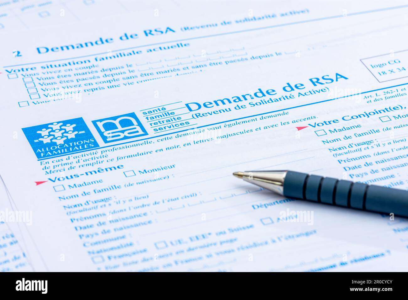Application form for RSA (Revenu de solidarité active), an allowance providing people without resources in France with a minimum income Stock Photo