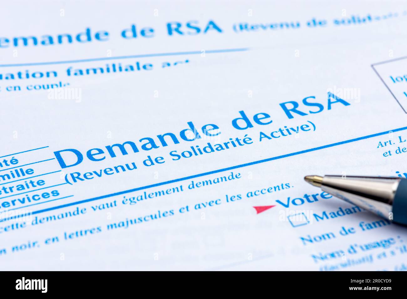 Application form for RSA (Revenu de solidarité active), an allowance providing people without resources in France with a minimum income Stock Photo