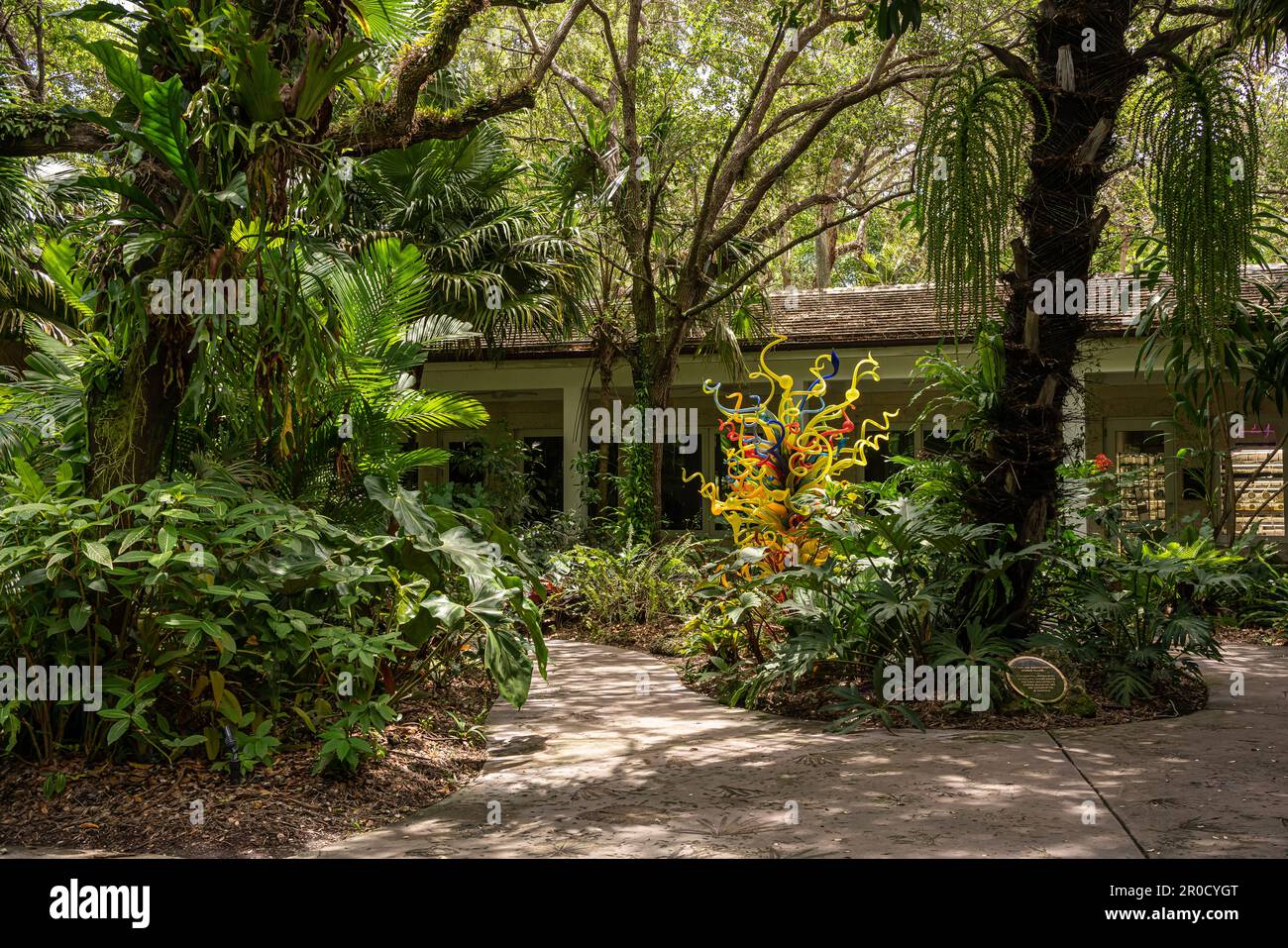 Fairchild Tropical Botanic Garden in Miami, Florida - Flowers, striking plants, and a thoughtful selection of trees. Must see park. Immaculate Stock Photo