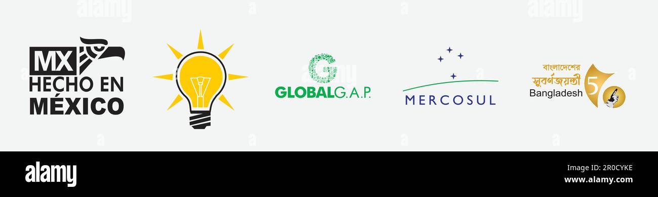 Mercosul Logo, hecho en mexico ver 2000 Logo, GLOBAL G.A.P. Logo, 50 years of independence of bangladesh Logo, AK Parti Logo. Stock Vector