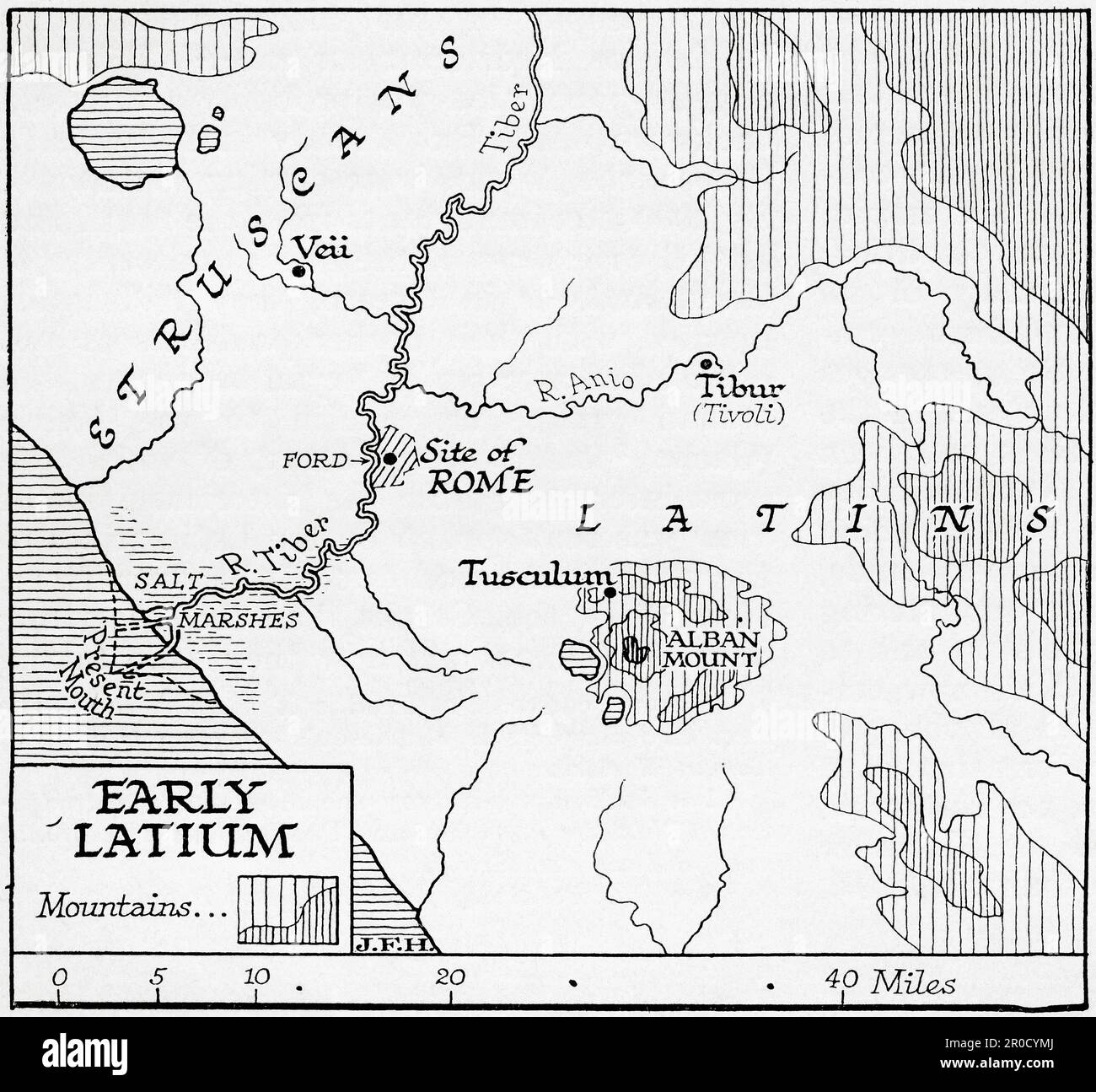 Map showing early Latium, the region of central western Italy in which the city of Rome was founded.  From the book Outline of History by H.G. Wells, published 1920. Stock Photo