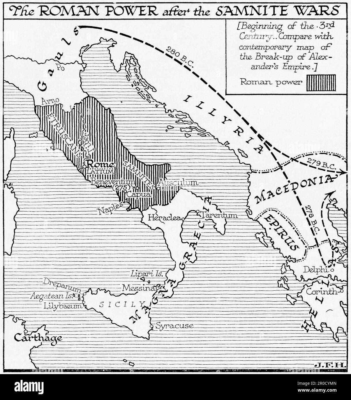 Map showing the Roman power after the Samnite Wars, 3rd century BC.  From the book Outline of History by H.G. Wells, published 1920. Stock Photo