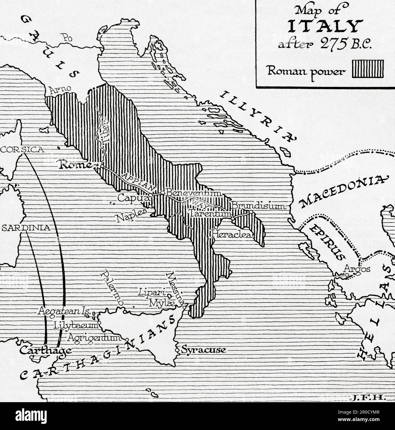 Map of Italy after 275 BC.  From the book Outline of History by H.G. Wells, published 1920. Stock Photo