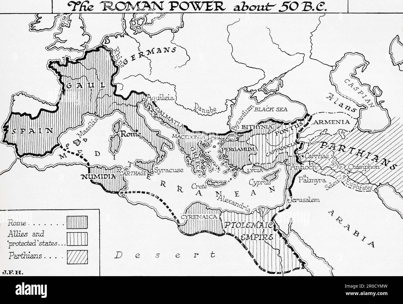 Map showing the power of Rome, c. 50BC.  From the book Outline of History by H.G. Wells, published 1920. Stock Photo