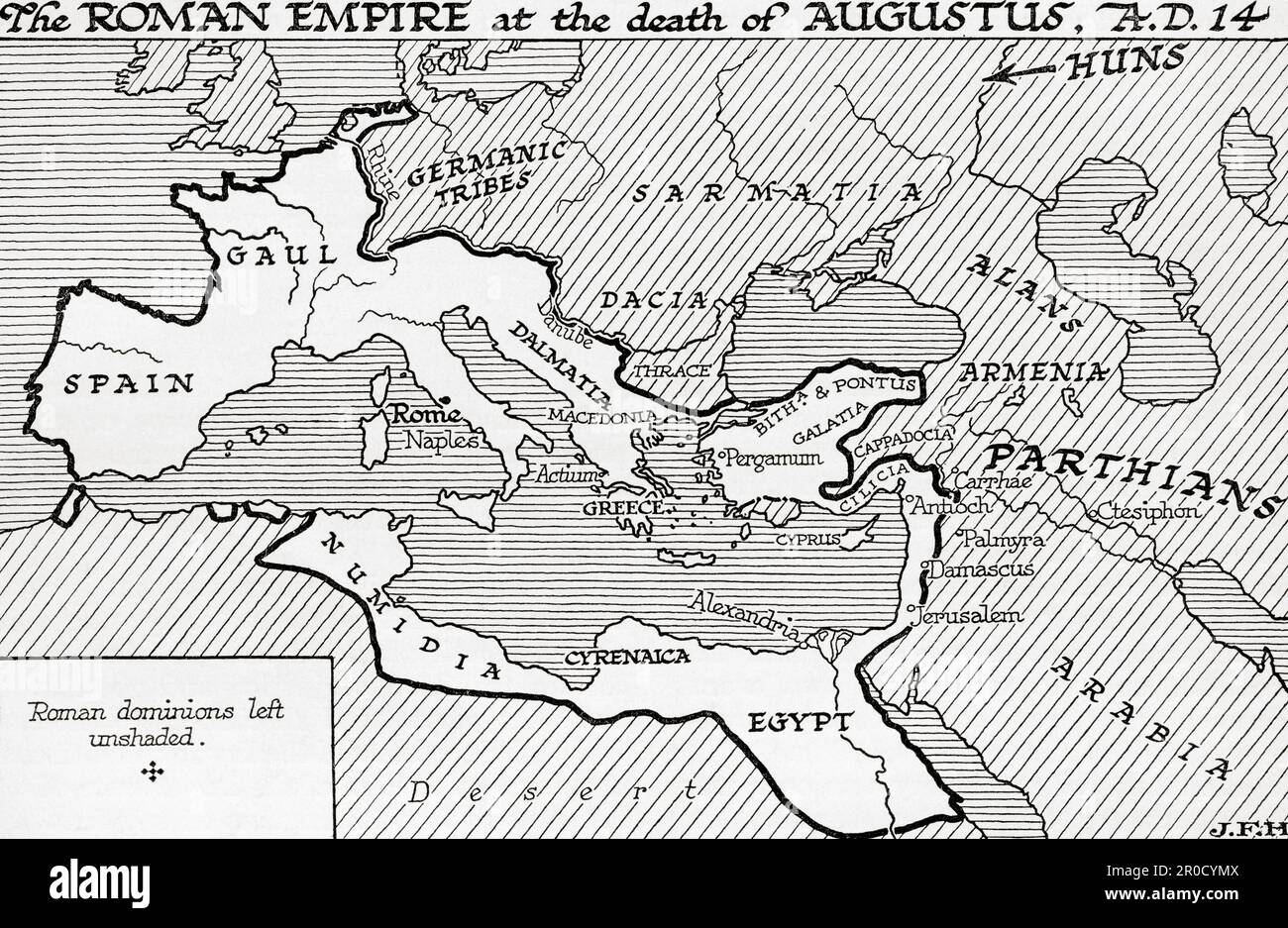 Map of the Roman Empire at the death of Caesar Augustus, AD14.  From the book Outline of History by H.G. Wells, published 1920. Stock Photo