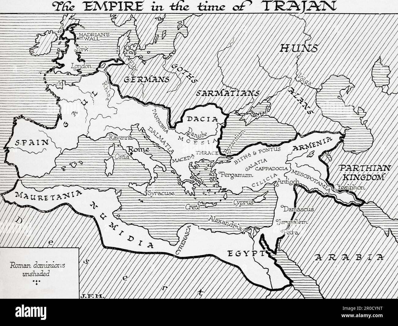 Map of the Roman Empire in the time of Trajan.  From the book Outline of History by H.G. Wells, published 1920. Stock Photo