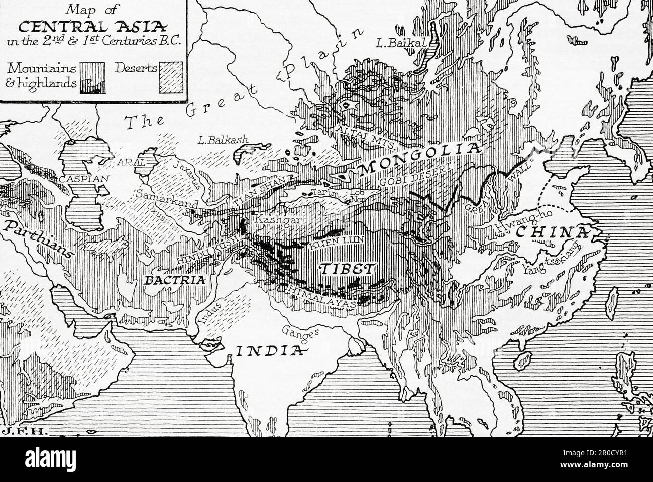 Map of Central Asia in the 2nd and 1st centuries BC. From the book Outline of History by H.G. Wells, published 1920. Stock Photo