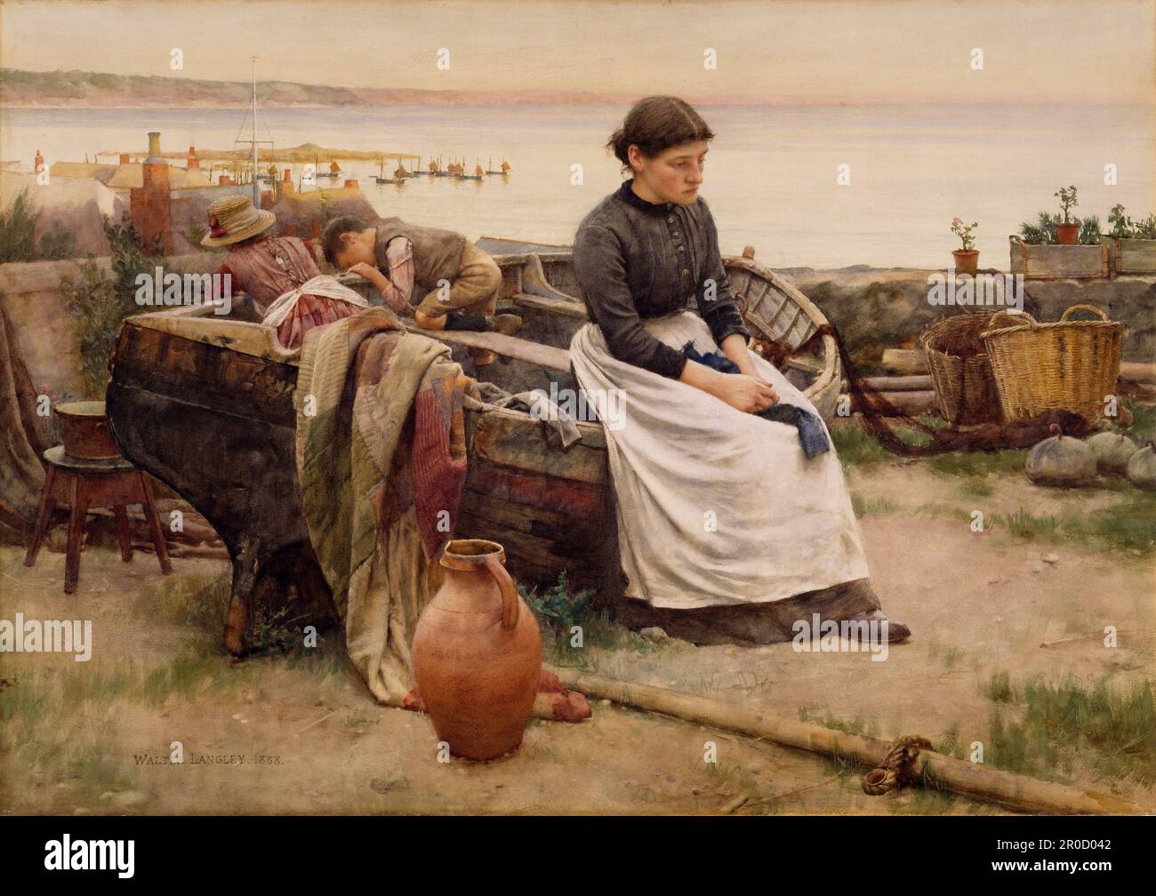 But O For the Touch of a Vanished Hand, 1888. Walter Langley.  In 1882, Langley settled in Newlyn, Cornwall. The subjects of his paintings were typically Cornish fishermen and their families. The title is taken from the Tennyson poem 'Break Break Break'. Stock Photo