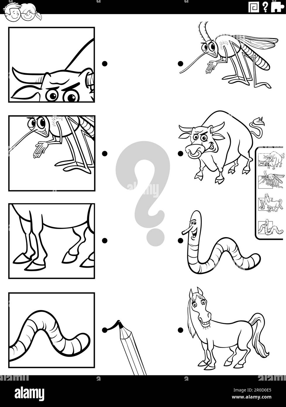 Black and white cartoon illustration of educational matching game with ...