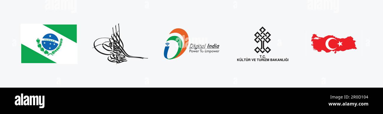 Tugra Logo, Digital India-Power Logo, Bandeira Paraná Logo, T.C. Kultur ve Turizm Bakanligi Logo, Ay Yıldız Logo. Government vector logo illustration. Stock Vector