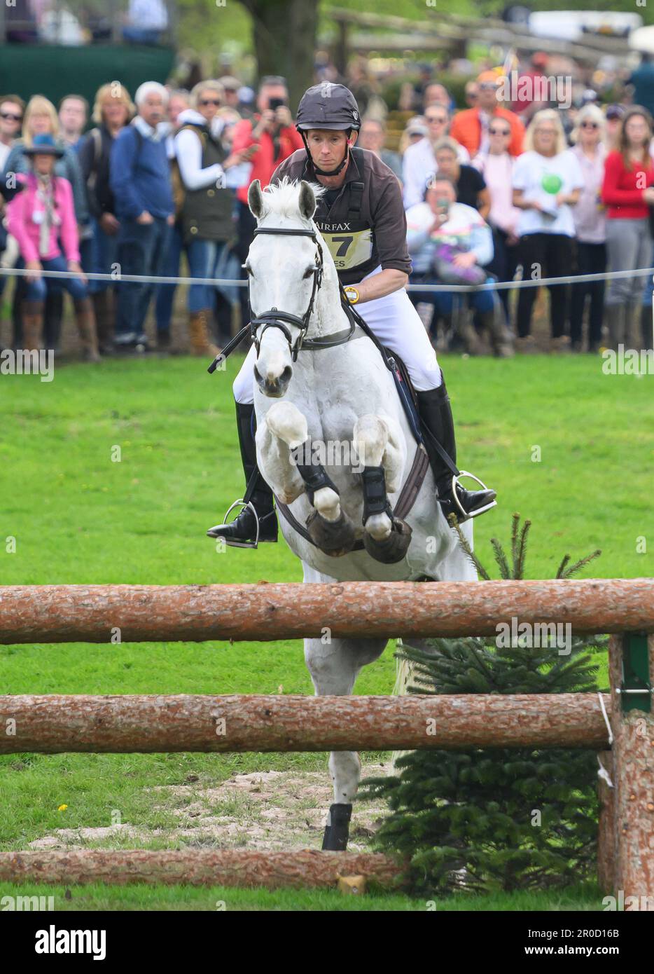 Badminton, UK. 07th May, 2023. 07 May 2023 - Badminton Horse Trials - Cross-Country Test - Badminton - Gloucestershire Richard Jones rides Alfies Clover during the Cross-Country Test at the Badminton Horse Trials. Picture Credit: Mark Pain/Alamy Live News Stock Photo