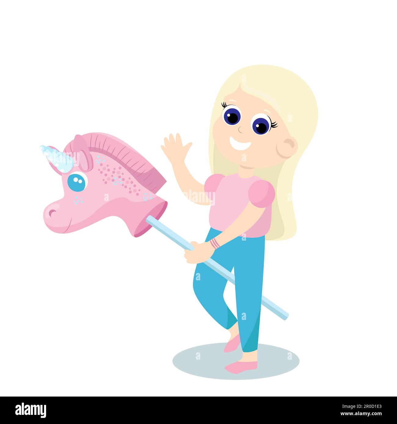 A cute little girl rides a pink unicorn toy on a stick. The girl is very happy, she smiles and waves hello. Stock Photo