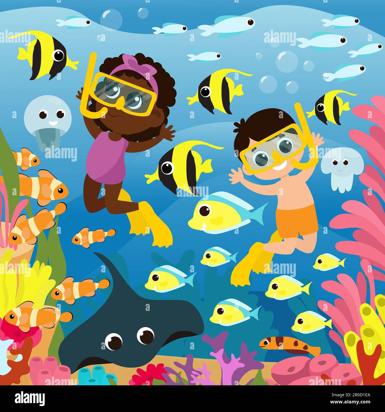 Under the water near the coral reefs children swim divers along with fish, jellyfish and stingray. Picture for children's puzzles underwater sea world Stock Photo
