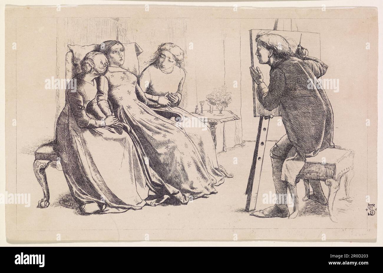 Etching: St Agnes of Intercession, 1850. Artist: John Everett Millais. This is the earliest known etching by Millais, originally intended for the fifth issue of the Pre-Raphaelite journal 'The Germ' but never used. The scene from a story by Rossetti shows a fifteenth century artist painting the portrait of his dying lover. Three impressions are known to date, now in The Victoria and Albert Museum, Yale Centre for British Art and this Birmingham impression, mounted beside the reversed preparatory drawing. In the transference to the etching plate, the design appears to have moved closer to Rosse Stock Photo