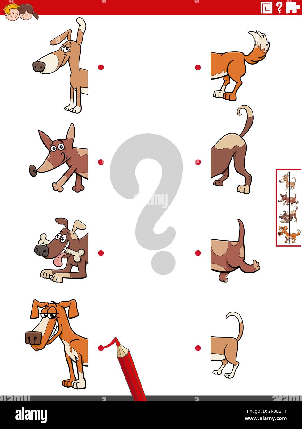 Cartoon illustration of educational game of matching halves of pictures ...