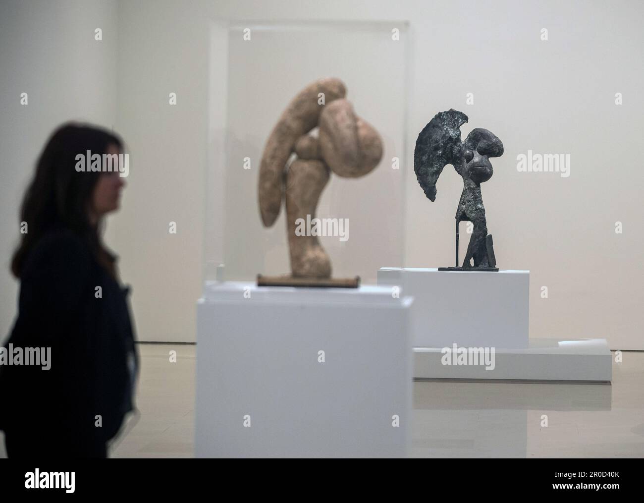 Sculptures seen during the presentation of the new exhibition 'Picasso Sculptor: Matter and Body' at the Picasso Museum in Malaga. As part of activities to commemorate the 50th anniversary of Picasso's death, the museum has organized different events and exhibitions throughout the year 2023, known as 'Picasso year.' The new exhibition showcases Picasso's facet as a sculptor, featuring sculptures that represent the human body using uncommon materials and techniques. This exhibition will run From May 9 to 10 Sept. (Photo by Jesus Merida/SOPA Images/Sipa USA) Stock Photo