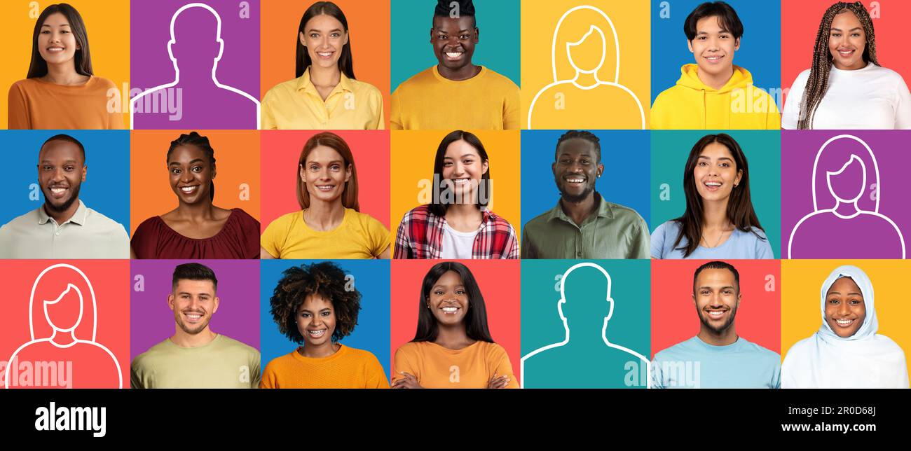 International Development Portrait Positive millennial and mature international men and women with empty ...