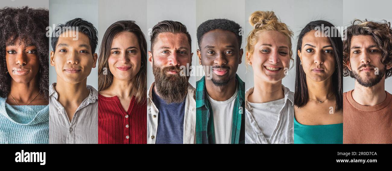 Collage of portraits of men and women of an ethnically diverse and mixed age group. Happy different ethnicity young and middle aged people. Headshots Stock Photo