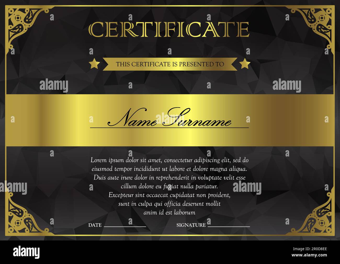 Horizontal black dark and gold certificate and diploma template with ...