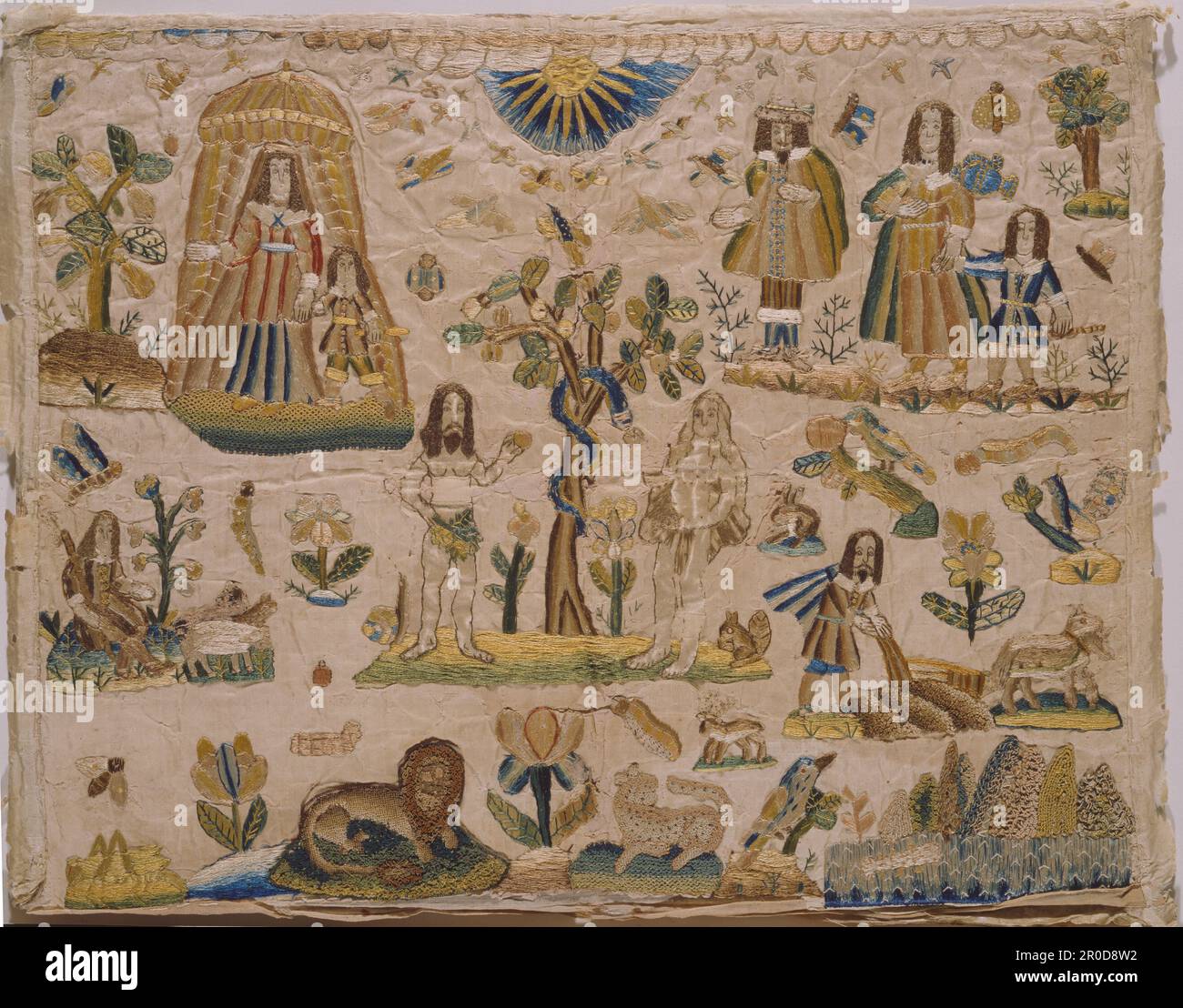 Embroidered Panel, 1630.  Embroidered panel, with silk threads. Depicting Sarah and Isaac at the tent door, Adam and Eve standing under an apple tree with serpent, a man woman and child, a man ploughing a field, a seated shepherd with sheep, moths, butterflies, birds, a lion and leopard, squirrel and rabbit, sun surrounded by birds. Stock Photo