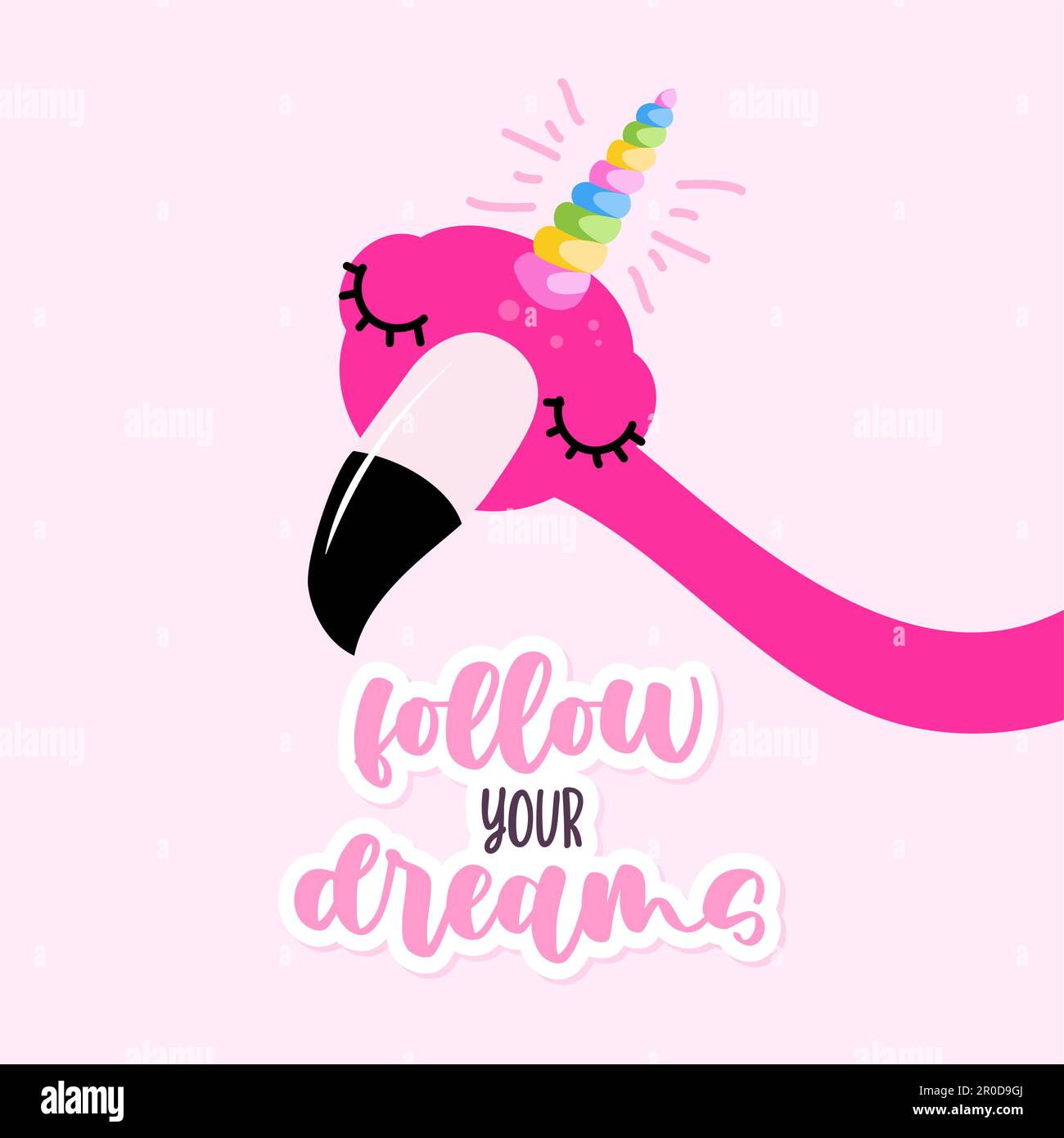 Follow your dreams - Motivational quote. Hand painted brush lettering with flamingo. Good for t-shirt, posters, textiles, gifts, travel sets. Stock Vector