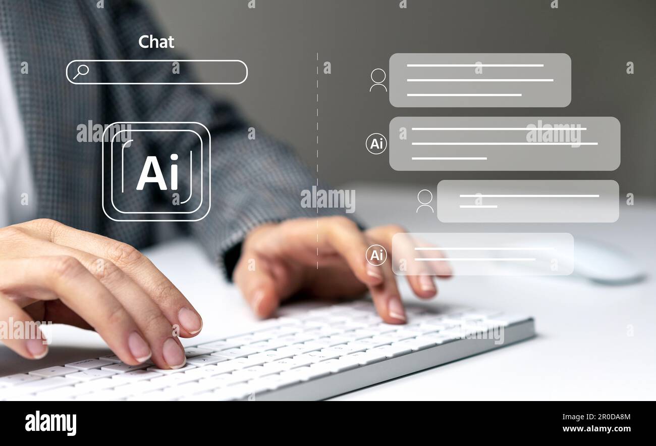 Female person searching information using chat Ai using her computer. Artificial intelligence. Stock Photo