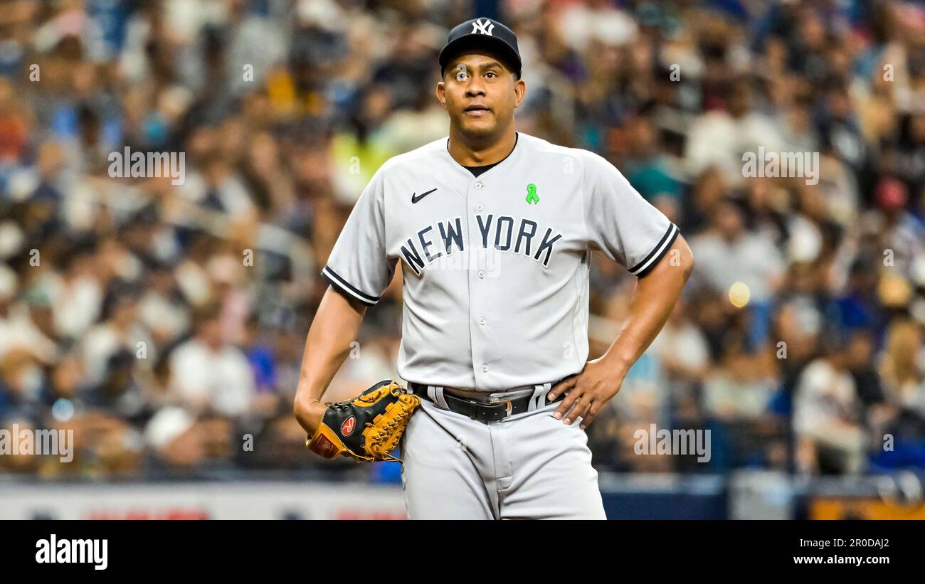 New York Yankees reliever Wandy Peralta pauses on the mound during a baseball game against the Tampa Bay Rays Sunday, May 7, 2023, in St