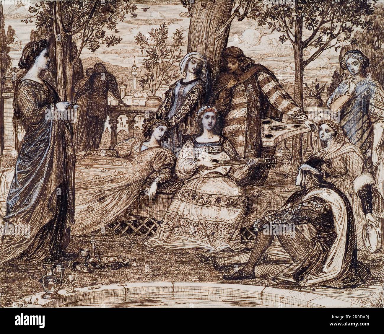 Boccaccio's Decameron Garden Scene from the Introduction, 1859. Pen