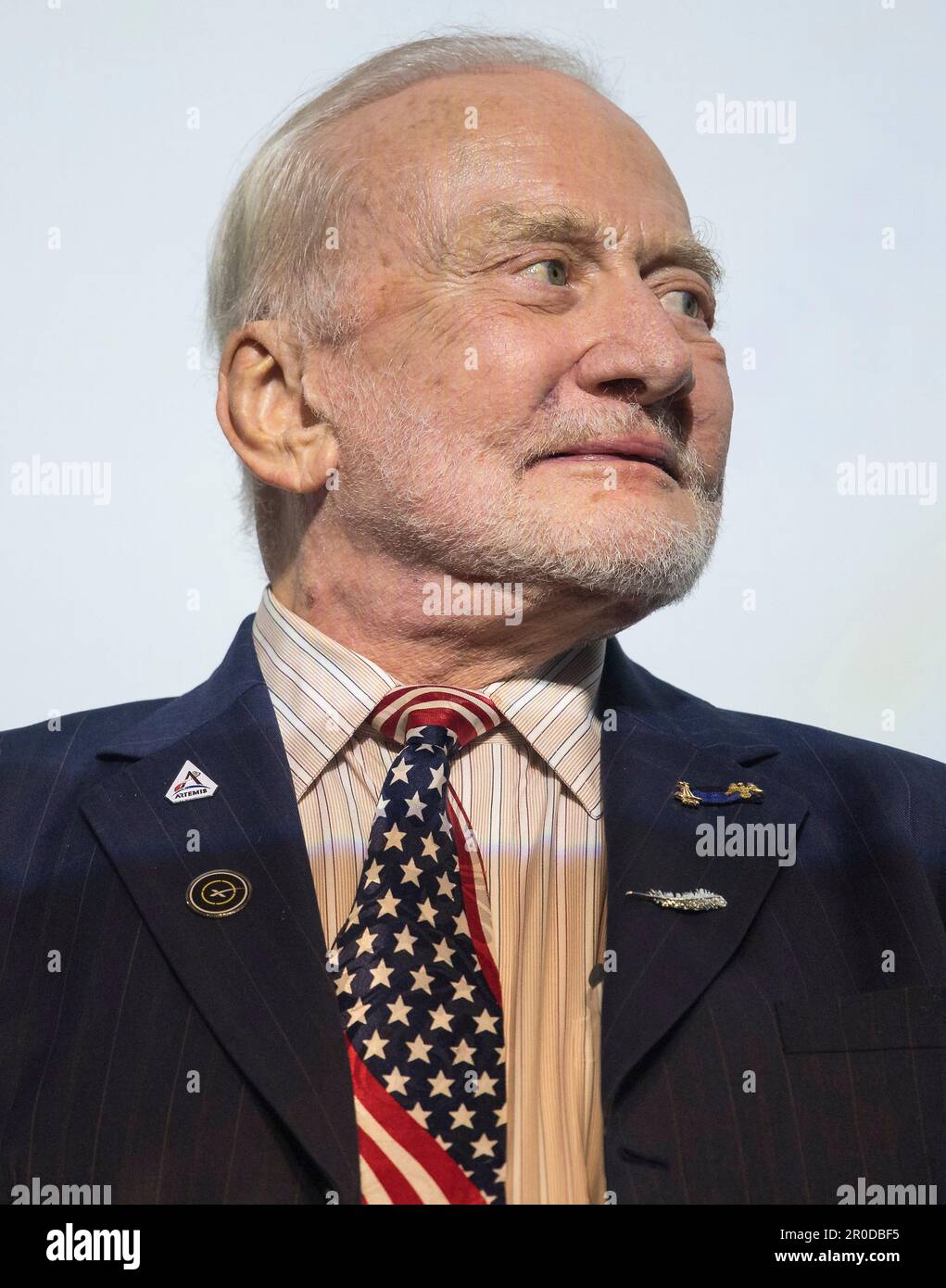 Washington, United States of America. 24 October, 2019. Retired Apollo astronaut Buzz Aldrin during the International Astronautical Federation World Space Award highlight lecture at the 70th International Astronautical Congress at the Washington Convention Center, October 24, 2019 in Washington, D.C. Aldrin was presented the 2019 World Space Award.  Credit: Joel Kowsky/NASA/Alamy Live News Stock Photo