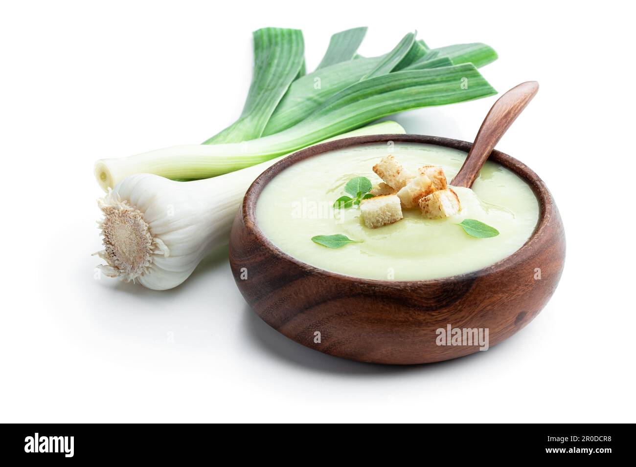 Homemade cream leek soup with croutons slices isolated on white Stock ...