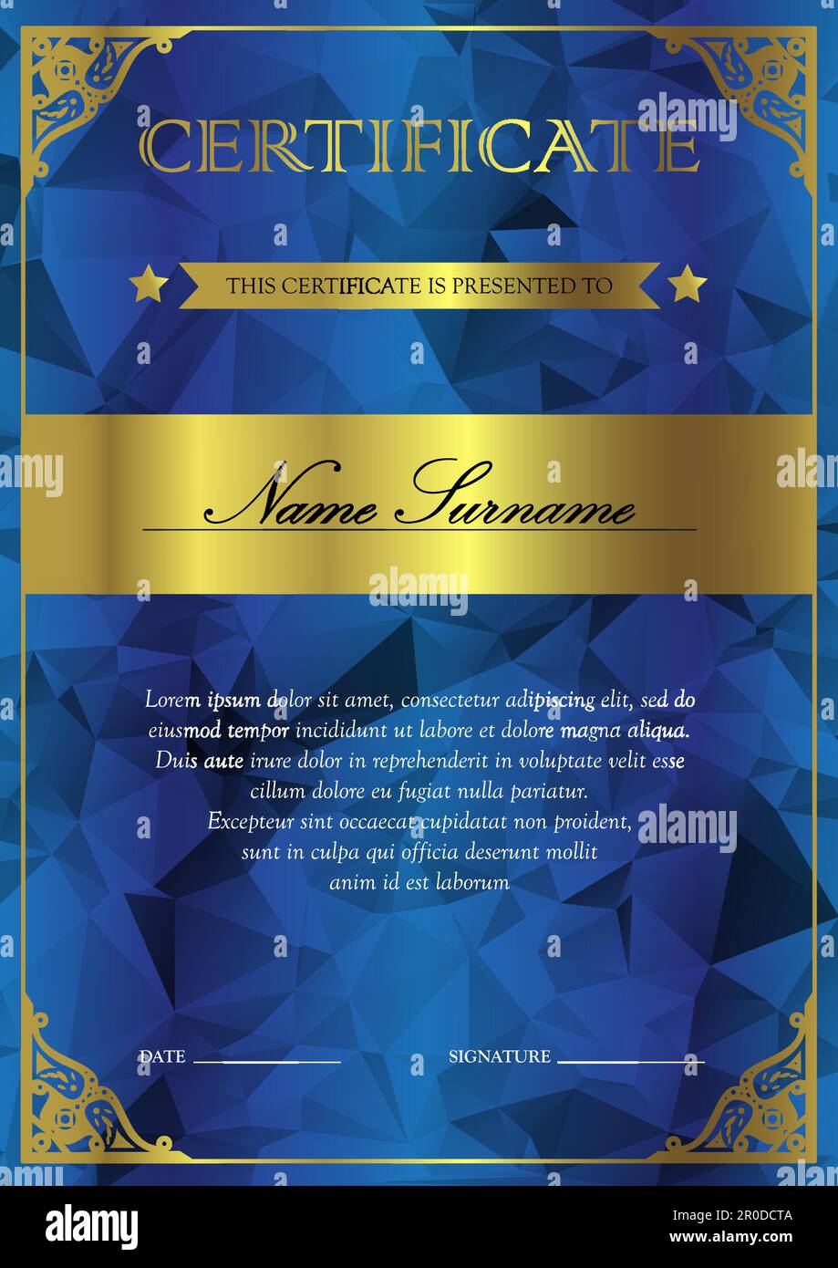 Vertical blue and gold certificate and diploma template with vintage ...
