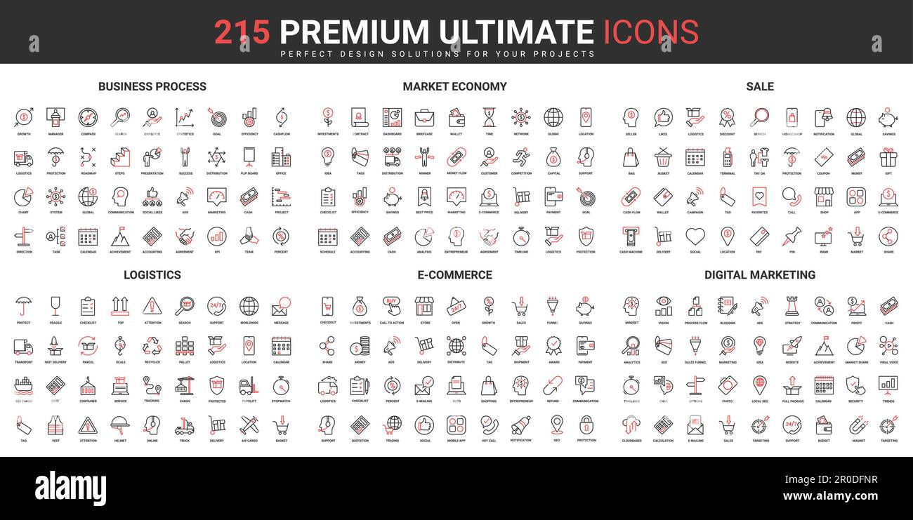 Business processes for company development thin line red black icons ...