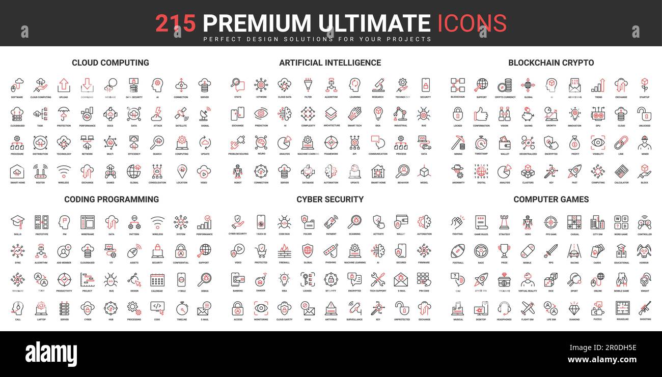 Cloud computing, AI technology thin line red black icons set vector ...