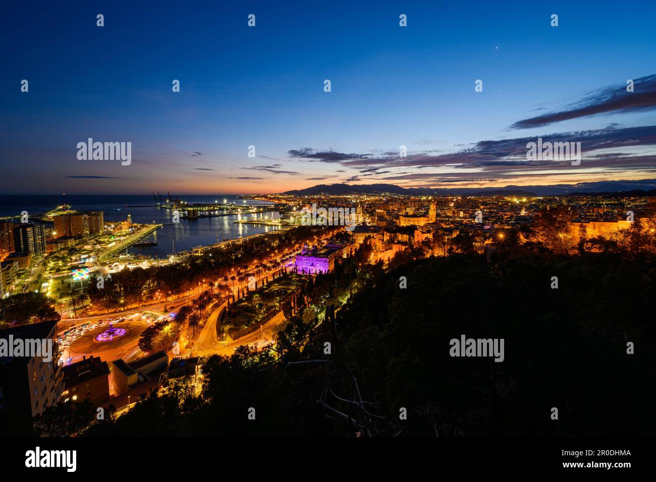 Panoramic view of Malaga with the seaport, seafront, the beach and the cathedral. Spain Stock Photo