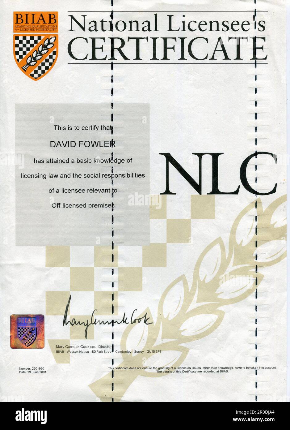A National Licensee Certificate awarded by the British Institute of Innkeepers allowing an individual to sell alcohol for consumption off the premises. Stock Photo