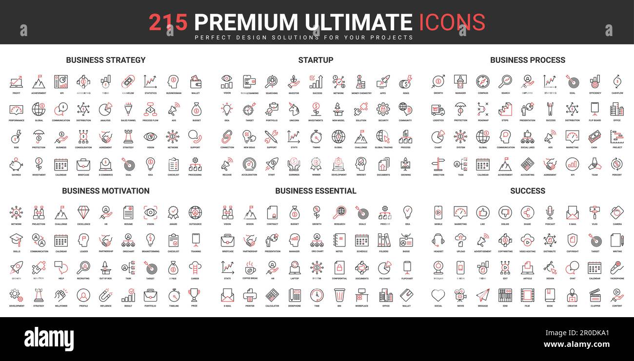 Business strategy thin line red black icons set vector illustration ...